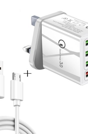 2 in 1 1m USB to Micro USB Data Cable + 30W QC 3.0 4 USB Interfaces Mobile Phone Tablet PC Universal Quick Charger Travel Charger Set, UK Plug, Micro USB Set UK Plug