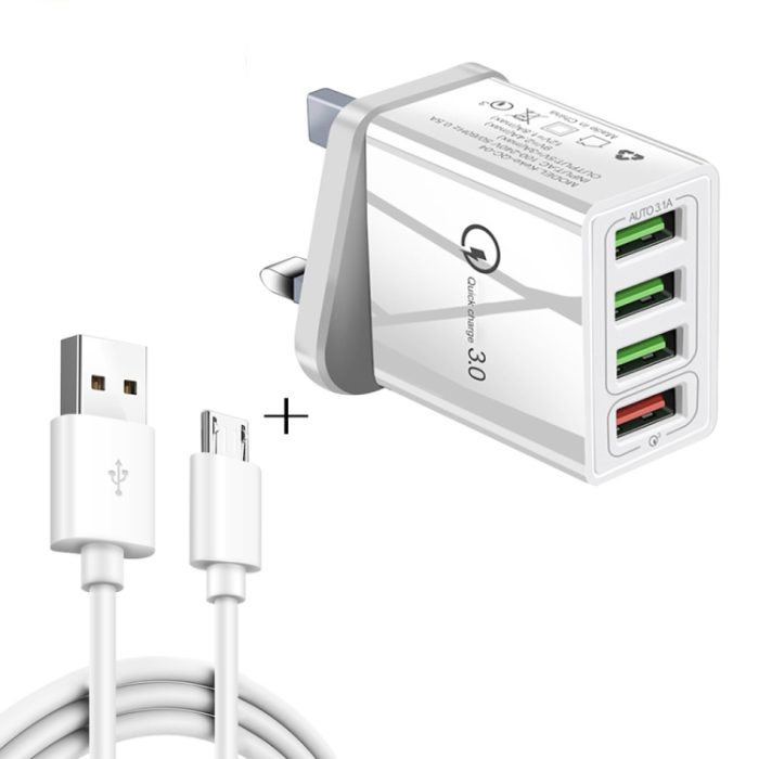2 in 1 1m USB to Micro USB Data Cable + 30W QC 3.0 4 USB Interfaces Mobile Phone Tablet PC Universal Quick Charger Travel Charger Set, UK Plug, Micro USB Set UK Plug