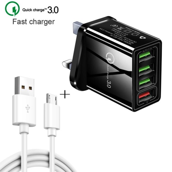 SYA001084601A_1.jpg 2 in 1 1m USB to Micro USB Data Cable + 30W QC 3.0 4 USB Interfaces Mobile Phone Tablet PC Universal Quick Charger Travel Charger Set, UK Plug, Micro USB Set UK Plug