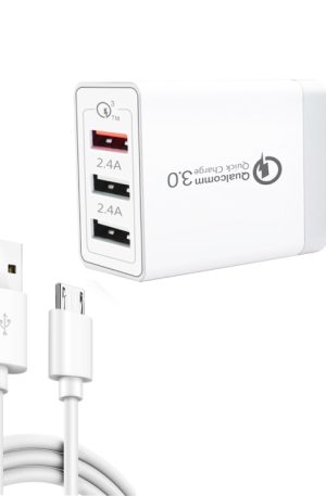 SDC-30W 2 in 1 USB to Micro USB Data Cable + 30W QC 3.0 USB + 2.4A Dual USB 2.0 Ports Mobile Phone Tablet PC Universal Quick Charger Travel Charger Set, EU Plug