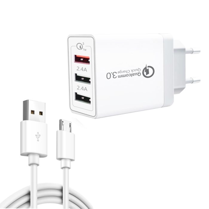 SDC-30W 2 in 1 USB to Micro USB Data Cable + 30W QC 3.0 USB + 2.4A Dual USB 2.0 Ports Mobile Phone Tablet PC Universal Quick Charger Travel Charger Set, EU Plug