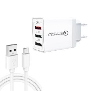 SDC-30W 2 in 1 USB to USB-C / Type-C Data Cable + 30W QC 3.0 USB + 2.4A Dual USB 2.0 Ports Mobile Phone Tablet PC Universal Quick Charger Travel Charger Set, EU Plug