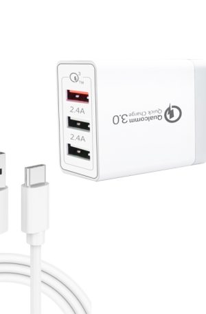 SDC-30W 2 in 1 USB to USB-C / Type-C Data Cable + 30W QC 3.0 USB + 2.4A Dual USB 2.0 Ports Mobile Phone Tablet PC Universal Quick Charger Travel Charger Set, EU Plug