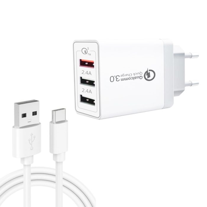SDC-30W 2 in 1 USB to USB-C / Type-C Data Cable + 30W QC 3.0 USB + 2.4A Dual USB 2.0 Ports Mobile Phone Tablet PC Universal Quick Charger Travel Charger Set, EU Plug