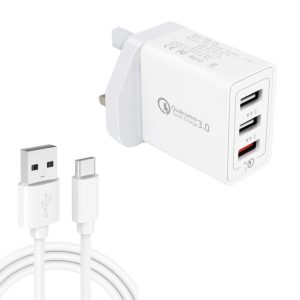 SDC-30W 2 in 1 USB to USB-C / Type-C Data Cable + 30W QC 3.0 USB + 2.4A Dual USB 2.0 Ports Mobile Phone Tablet PC Universal Quick Charger Travel Charger Set, UK Plug