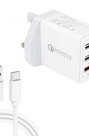 SDC-30W 2 in 1 USB to USB-C / Type-C Data Cable + 30W QC 3.0 USB + 2.4A Dual USB 2.0 Ports Mobile Phone Tablet PC Universal Quick Charger Travel Charger Set, UK Plug