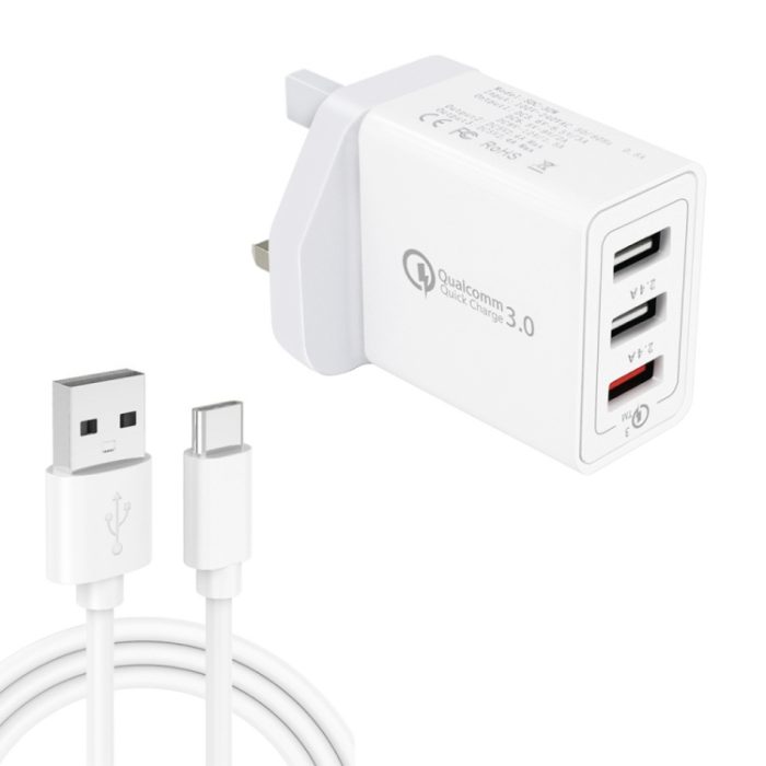 SDC-30W 2 in 1 USB to USB-C / Type-C Data Cable + 30W QC 3.0 USB + 2.4A Dual USB 2.0 Ports Mobile Phone Tablet PC Universal Quick Charger Travel Charger Set, UK Plug