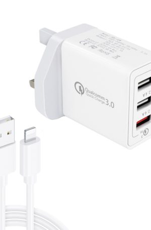 SDC-30W 2 in 1 USB to 8 Pin Data Cable + 30W QC 3.0 USB + 2.4A Dual USB 2.0 Ports Mobile Phone Tablet PC Universal Quick Charger Travel Charger Set,  UK Plug