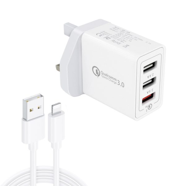 SYA0013045.jpg SDC-30W 2 in 1 USB to 8 Pin Data Cable + 30W QC 3.0 USB + 2.4A Dual USB 2.0 Ports Mobile Phone Tablet PC Universal Quick Charger Travel Charger Set, UK Plug