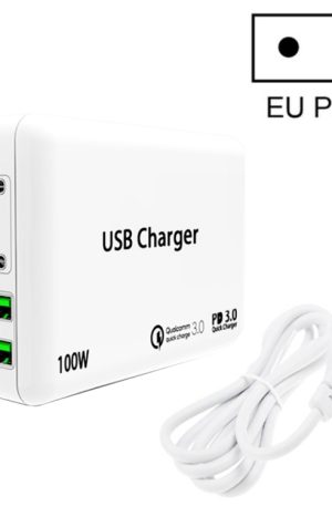 PD 100W Dual USB-C / Type-C + Dual USB 4-port Charger with Power Cable for Apple / Huawei / Samsung Laptop, EU Plug, US Plug, UK Plug