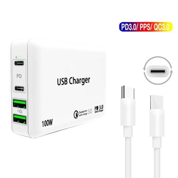 SYA001369801_B1.jpg PD100W-A9 PD100W Dual Dort USB-C / Type-C + Dual USB Charger with 5A USB-C / Type-C to USB-C / Type-C Fast Charging Cable for Apple MacBook Series, EU Plug, US Plug, UK Plug