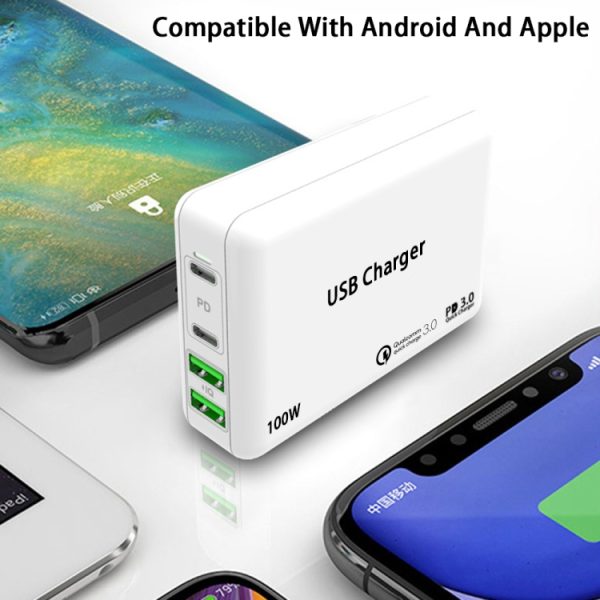 SYA001369801_B8.jpg PD100W-A9 PD100W Dual Dort USB-C / Type-C + Dual USB Charger with 5A USB-C / Type-C to USB-C / Type-C Fast Charging Cable for Apple MacBook Series, EU Plug, US Plug, UK Plug