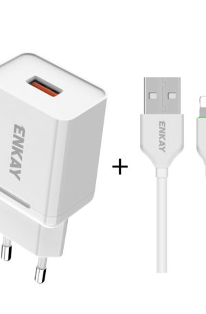 ENKAY Hat-Prince T006-1 18W 3A QC3.0 Fast Charging Power Adapter EU Plug Portable Travel Charger, With 3A 1m 8 Pin Cable, With 3A 1m Type-C Cable, With 3A 1m Micro USB Cable