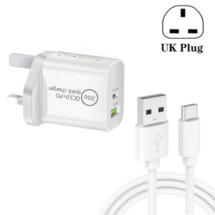 SDC-20WA+C 20W PD 3.0 + QC 3.0 USB Dual Fast Charging Universal Travel Charger with USB to Type-C / USB-C Fast Charging Data Cable, UK Plug