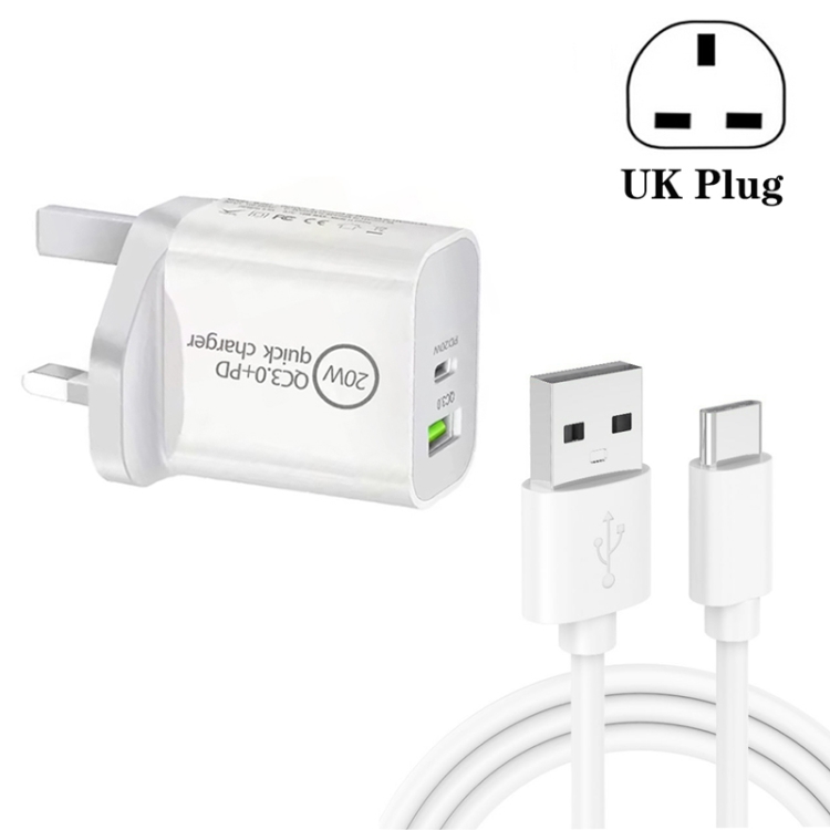 SDC-20WA+C 20W PD 3.0 + QC 3.0 USB Dual Fast Charging Universal Travel Charger with USB to Type-C / USB-C Fast Charging Data Cable, UK Plug 1 SDC-20WA+C 20W PD 3.0 + QC 3.0 USB Dual Fast Charging Universal Travel Charger with USB to Type-C / USB-C Fast Charging Data Cable, UK Plug