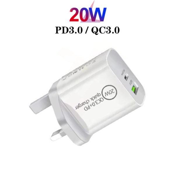 SDC-20WA+C 20W PD 3.0 + QC 3.0 USB Dual Fast Charging Universal Travel Charger with USB to Type-C / USB-C Fast Charging Data Cable, UK Plug