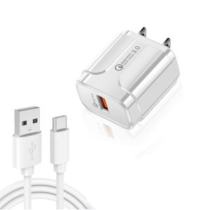 LZ-023 18W  QC3.0 USB Portable Travel Charger + 3A USB toType-C Data Cable, US Plug, Type-C Data Cable, US Plug