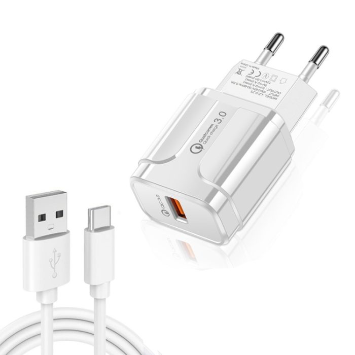 LZ-023 18W QC 3.0 USB Portable Travel Charger + 3A USB to Type-C Data Cable, EU Plug, Type-C Data Cable, EU Plug