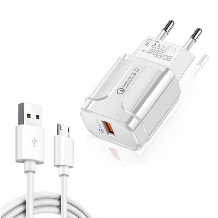 LZ-023 18W QC 3.0 USB Portable Travel Charger + 3A USB to Micro USB Data Cable, EU Plug, Micro USB Data Cable, EU Plug