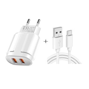 Dual USB Portable Travel Charger + 1 Meter USB to Type-C Data Cable, EU Plug