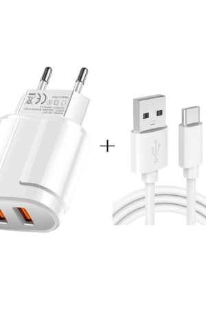 Dual USB Portable Travel Charger + 1 Meter USB to Type-C Data Cable, EU Plug