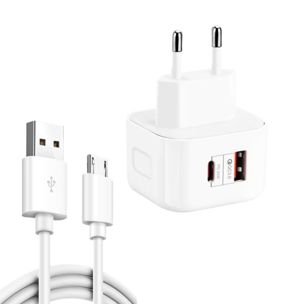 SYA001463601-1.jpg YSY-6087PD 20W PD3.0 + QC3.0 Dual Fast Charge Travel Charger with USB to Micro USB Data Cable, EU Plug, US Plug, UK Plug