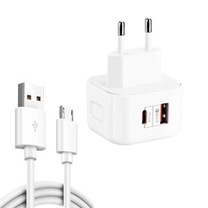 YSY-6087PD 20W PD3.0 + QC3.0 Dual Fast Charge Travel Charger with USB to Micro USB Data Cable, EU Plug, US Plug, UK Plug