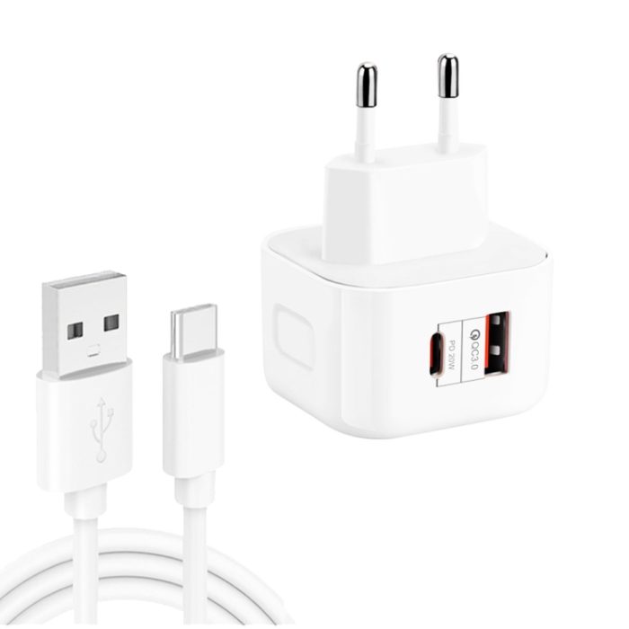 YSY-6087PD 20W PD3.0 + QC3.0 Dual Fast Charge Travel Charger with USB to Type-C Data Cable, EU Plug, US Plug, UK Plug