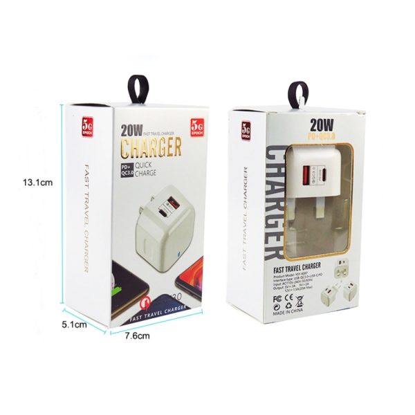 SYA001463701_B6.jpg YSY-6087PD 20W PD3.0 + QC3.0 Dual Fast Charge Travel Charger with USB to Type-C Data Cable, EU Plug, US Plug, UK Plug