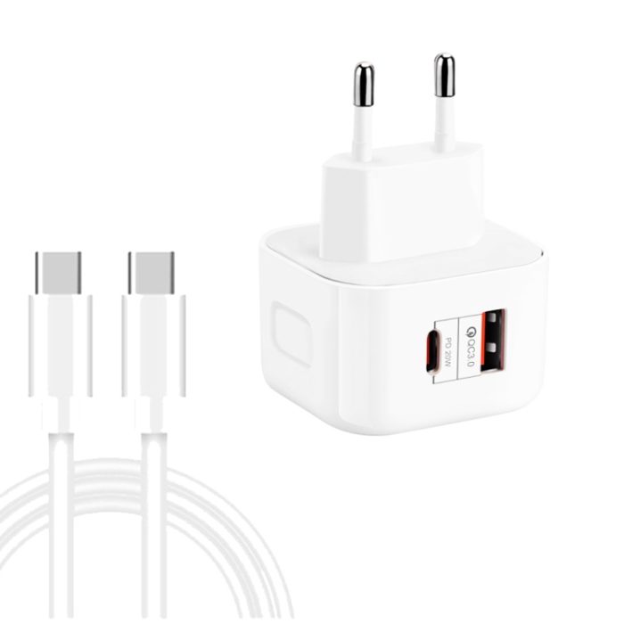YSY-6087PD 20W PD3.0 + QC3.0 Dual Fast Charge Travel Charger with Type-C to Type-C Data Cable, EU Plug, US Plug, UK Plug