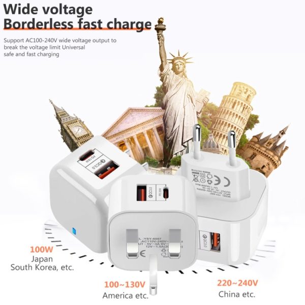 SYA001463901_B4.jpg YSY-6087PD 20W PD3.0 + QC3.0 Dual Fast Charge Travel Charger with Type-C to Type-C Data Cable, EU Plug, US Plug, UK Plug
