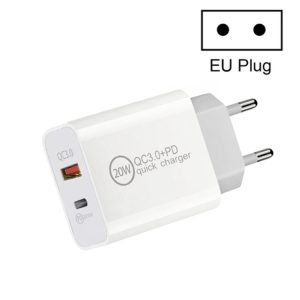 Dual Fast Charging 20W PD3.0+QC 3.0 Interface Travel Charger for iPhone, Huawei, Samsung, Xiaomi, EU Plug, US Plug, AU Plug