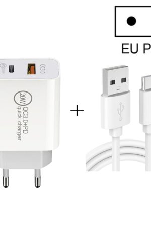 20W PD Type-C + QC 3.0 USB Interface Fast Charging Travel Charger with USB to Type-C Fast Charge Data Cable, EU Plug, US Plug, AU Plug