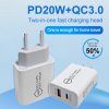 20W PD Type-C + QC 3.0 USB Interface Fast Charging Travel Charger with USB to Type-C Fast Charge Data Cable, EU Plug, US Plug, AU Plug