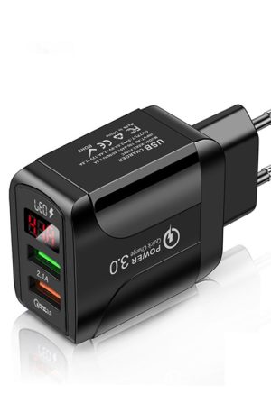 F002C QC3.0 USB + USB 2.0 Fast Charger with LED Digital Display for Mobile Phones and Tablets, EU Plug, EU Plug