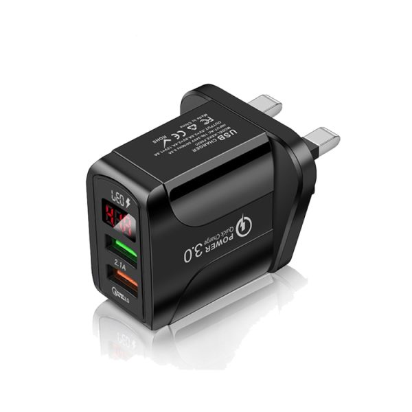 SYA001539501A-1.jpg F002C QC3.0 USB + USB 2.0 Fast Charger with LED Digital Display for Mobile Phones and Tablets, UK Plug, UK Plug