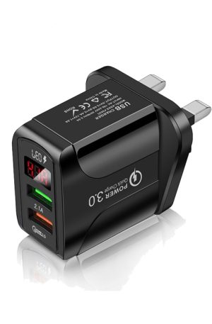F002C QC3.0 USB + USB 2.0 Fast Charger with LED Digital Display for Mobile Phones and Tablets, UK Plug, UK Plug
