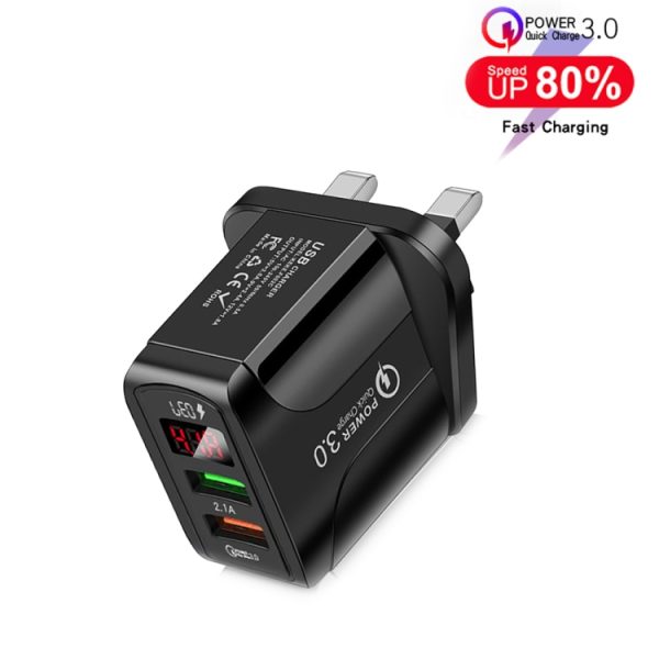 SYA001539501A_1.jpg F002C QC3.0 USB + USB 2.0 Fast Charger with LED Digital Display for Mobile Phones and Tablets, UK Plug, UK Plug