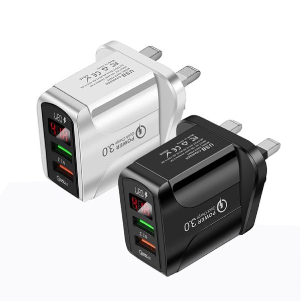 SYA001539501_B1.jpg F002C QC3.0 USB + USB 2.0 Fast Charger with LED Digital Display for Mobile Phones and Tablets, UK Plug, UK Plug