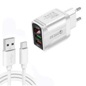 F002C QC3.0 USB + USB 2.0 LED Digital Display Fast Charger with USB to Type-C Data Cable, EU Plug, EU Plug + Type-C Cable