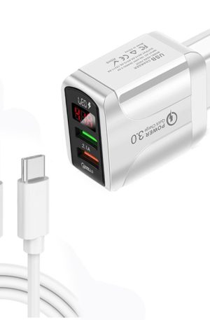 F002C QC3.0 USB + USB 2.0 LED Digital Display Fast Charger with USB to Type-C Data Cable, EU Plug, EU Plug +  Type-C Cable
