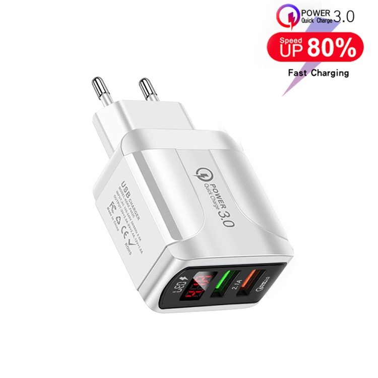 F002C QC3.0 USB + USB 2.0 LED Digital Display Fast Charger with USB to Type-C Data Cable, EU Plug, EU Plug + Type-C Cable 2 F002C QC3.0 USB + USB 2.0 LED Digital Display Fast Charger with USB to Type-C Data Cable, EU Plug, EU Plug + Type-C Cable - Image 2