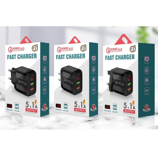 F002C QC3.0 USB + USB 2.0 LED Digital Display Fast Charger with USB to Type-C Data Cable, EU Plug, EU Plug +  Type-C Cable