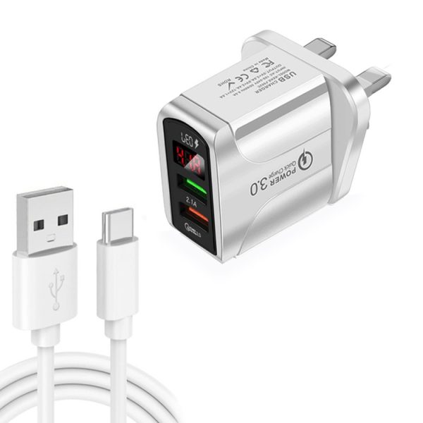 SYA001594501A-1.jpg F002C QC3.0 USB + USB 2.0 LED Digital Display Fast Charger with USB to Type-C Data Cable, UK Plug, UK Plug + Type-C Cable
