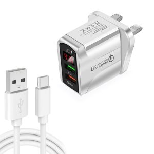 F002C QC3.0 USB + USB 2.0 LED Digital Display Fast Charger with USB to Type-C Data Cable, UK Plug, UK Plug + Type-C Cable