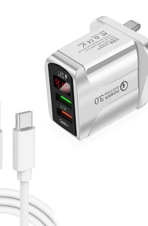 F002C QC3.0 USB + USB 2.0 LED Digital Display Fast Charger with USB to Type-C Data Cable, UK Plug, UK Plug +  Type-C Cable
