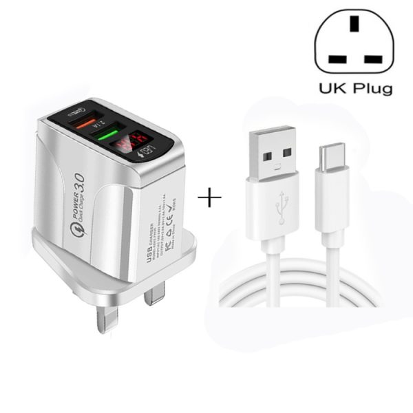 SYA001594501_B1.jpg F002C QC3.0 USB + USB 2.0 LED Digital Display Fast Charger with USB to Type-C Data Cable, UK Plug, UK Plug + Type-C Cable