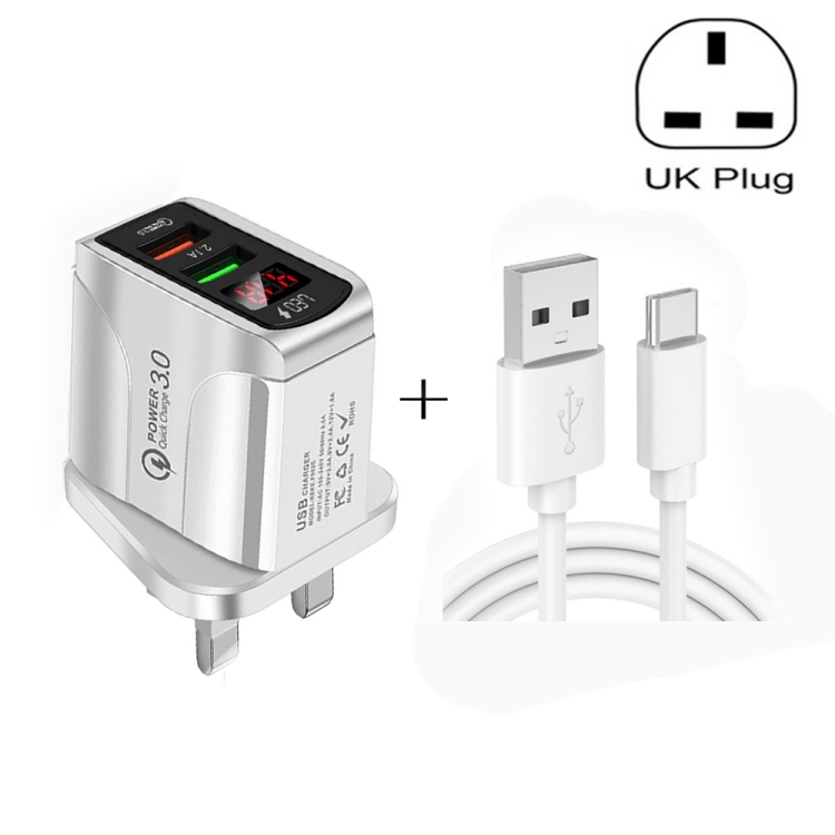 F002C QC3.0 USB + USB 2.0 LED Digital Display Fast Charger with USB to Type-C Data Cable, UK Plug, UK Plug + Type-C Cable 3 F002C QC3.0 USB + USB 2.0 LED Digital Display Fast Charger with USB to Type-C Data Cable, UK Plug, UK Plug + Type-C Cable - Image 3