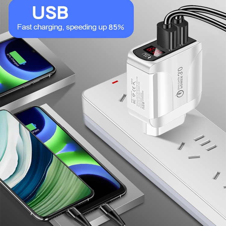 F002C QC3.0 USB + USB 2.0 LED Digital Display Fast Charger with USB to Type-C Data Cable, UK Plug, UK Plug + Type-C Cable 7 F002C QC3.0 USB + USB 2.0 LED Digital Display Fast Charger with USB to Type-C Data Cable, UK Plug, UK Plug + Type-C Cable - Image 7