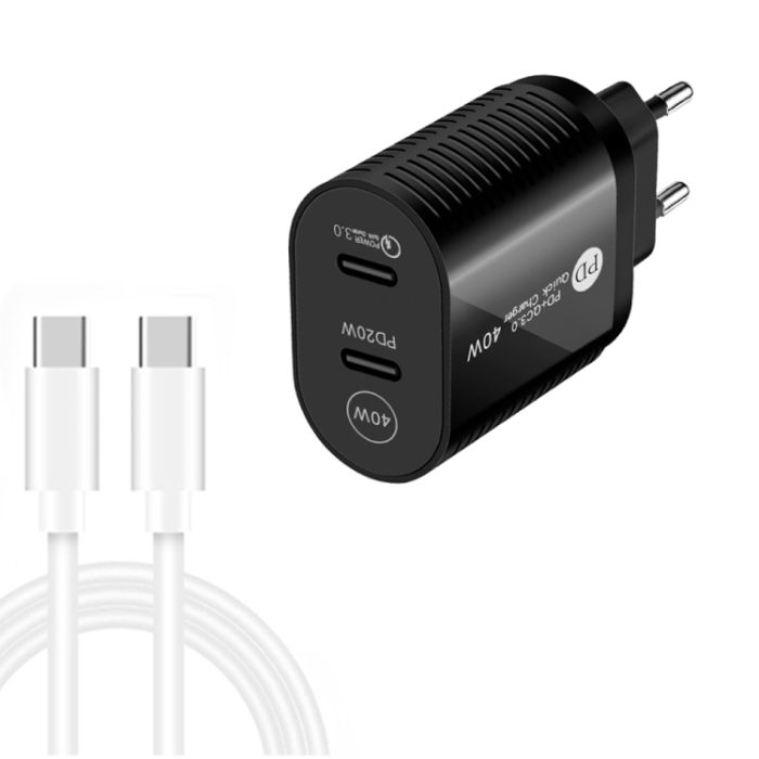40W Dual Port PD / Type-C Fast Charger with Type-C to Type-C Data Cable, EU Plug, EU Plug + Type-C to Type-C Cable